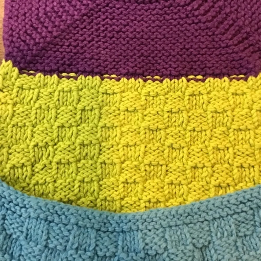 VINTAGE Handmade Knitted Baby Bib Purple Green Blue 80’s 90’s